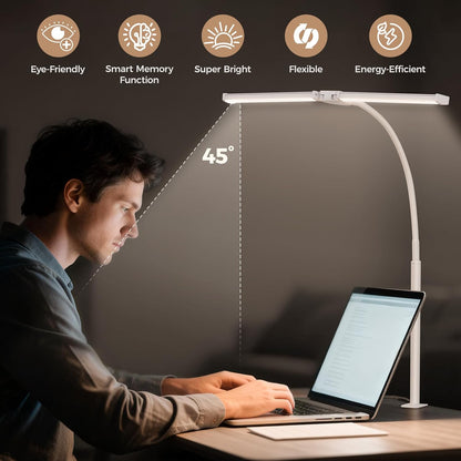 Voncerus LED Desk Lamp for Home Office, Double Head Architect Light with Clamp, Computer Monitor Clip on Light, 3 Modes and 10 Brightness, Adjustable Flexible Goose-Neck, Table Task Lamp, Black