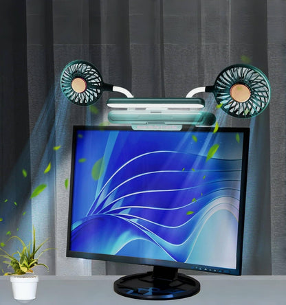 USB Monitor Clip on Fan via Flip-Open LED Light Bar, Two-Head Personal Cooling desktop Laptop Quiet USB Fan for Office, 3 Wind Speeds, for Flat, Curved Monitors (Deepsea Blue)
