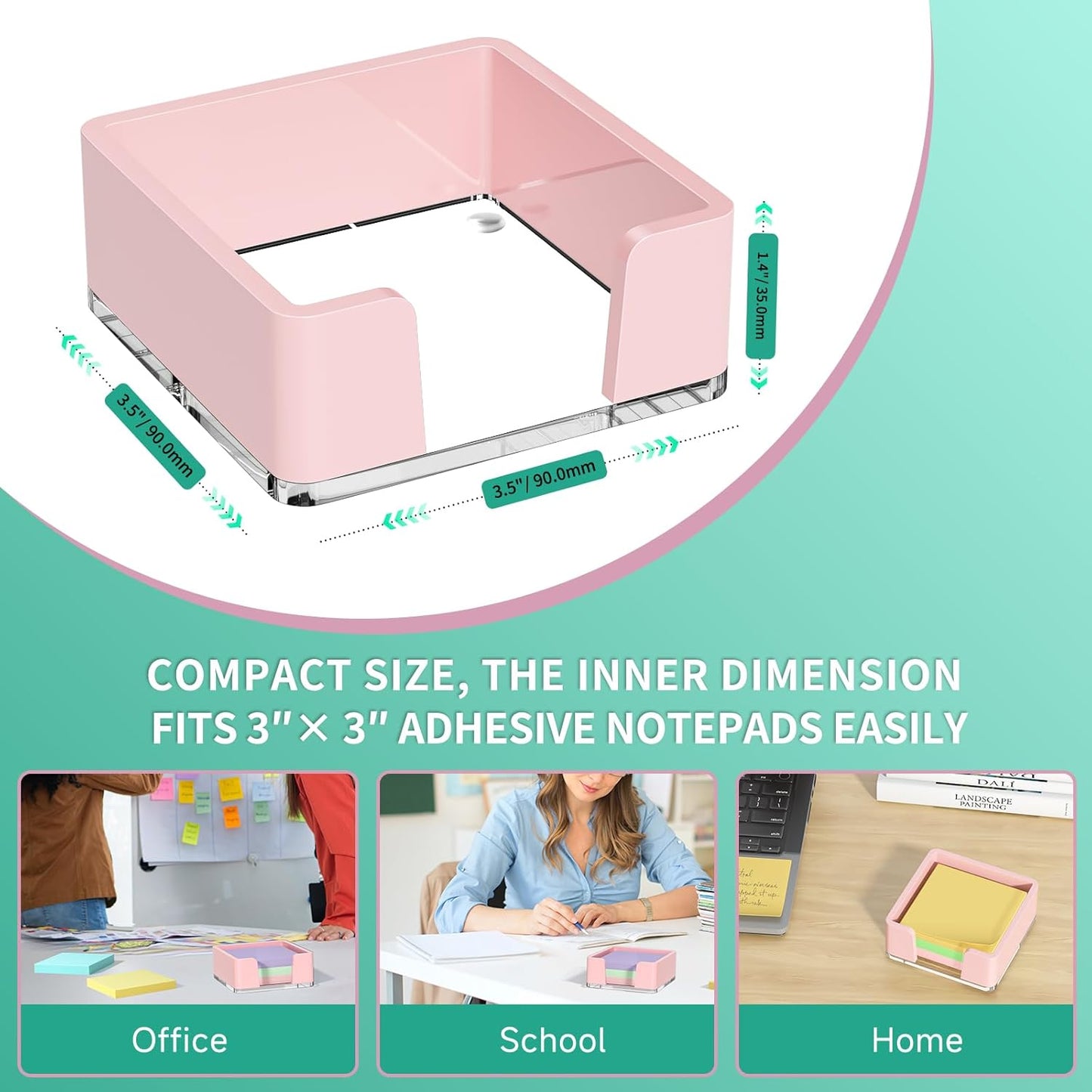 Sticky Note Holder, Glitter Pink Acrylic Notepad Holder 3x3 in Self-Stick Note Dispenser Office Desk Accessories, Memo Pad Holder Organizer for Classroom School Supplies