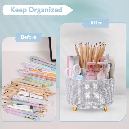 SKYDUE 360 Rotating Plastic Desk Pen Organizer with 5 Slots, Dual-Purpose Art Supply Pencil Cup for Office, School, Home