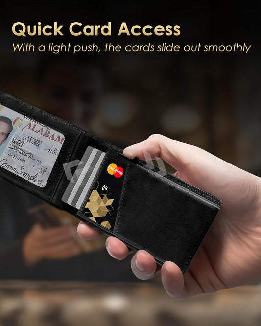 2025 Upgraded Minimalist Wallet for Men - RFID Blocking Credit Card Holder Case Leather Pop Up Aluminum Wallet with Cash Slot, Front Pocket ID Window Gift Boxed (Carbon Fiber - with Airtag Holder)