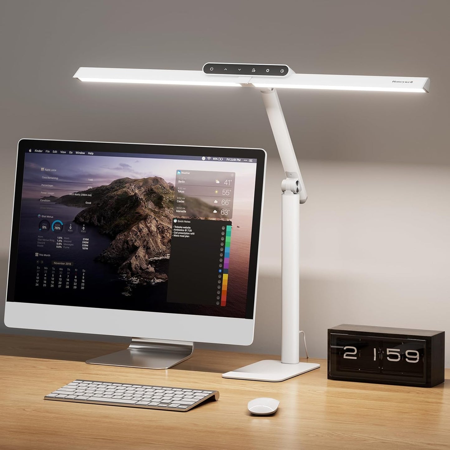 Honeywell LED Desk Lamp with Clamp - HJ1 Sunturalux Eye-Caring Clip on Lights for Home Office, 1200LM Clamp Lamp 4 Color Modes Stepless Dimming Task Desk Light for Working Black