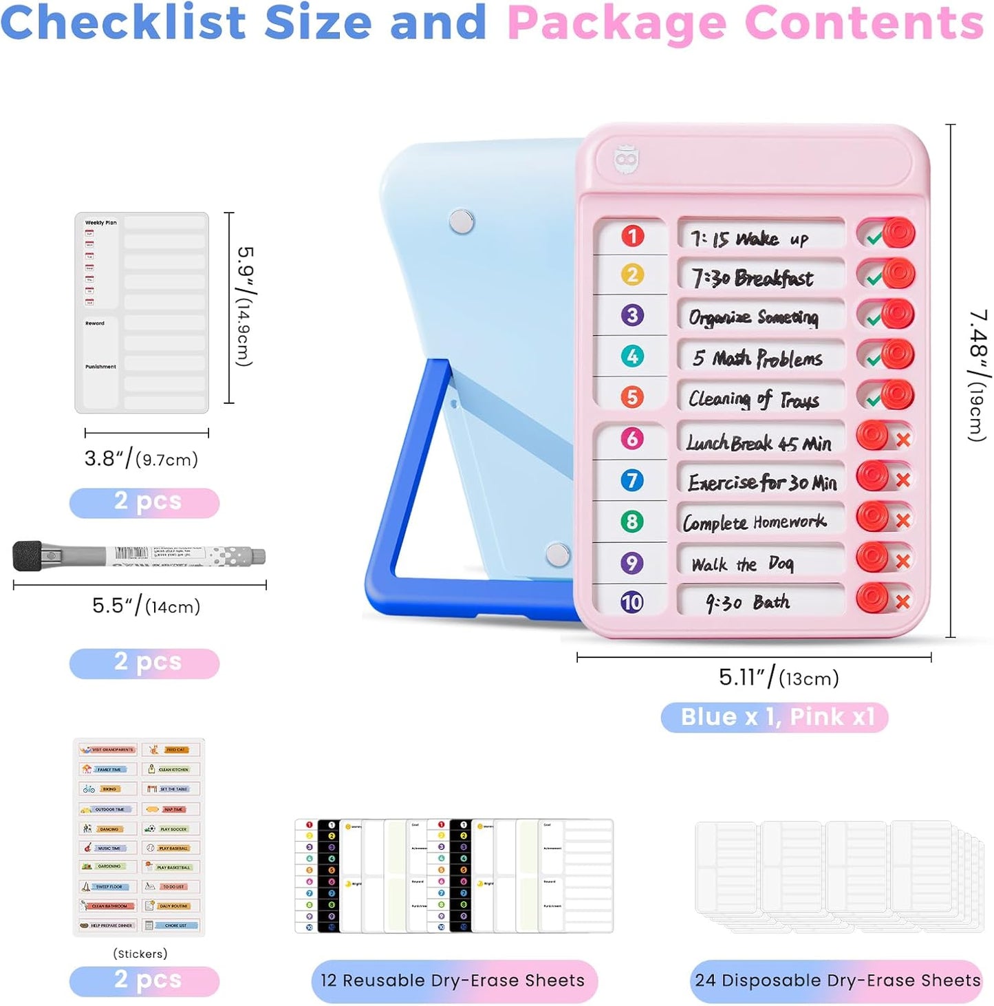 Chore Chart for Kids, Checklist Planning Board with Sliders, 19 Personalizable Sheets and Magnetic Marker, ADHD Tools for Kids to Do List Routine Chart Visual Schedule Board with Stand