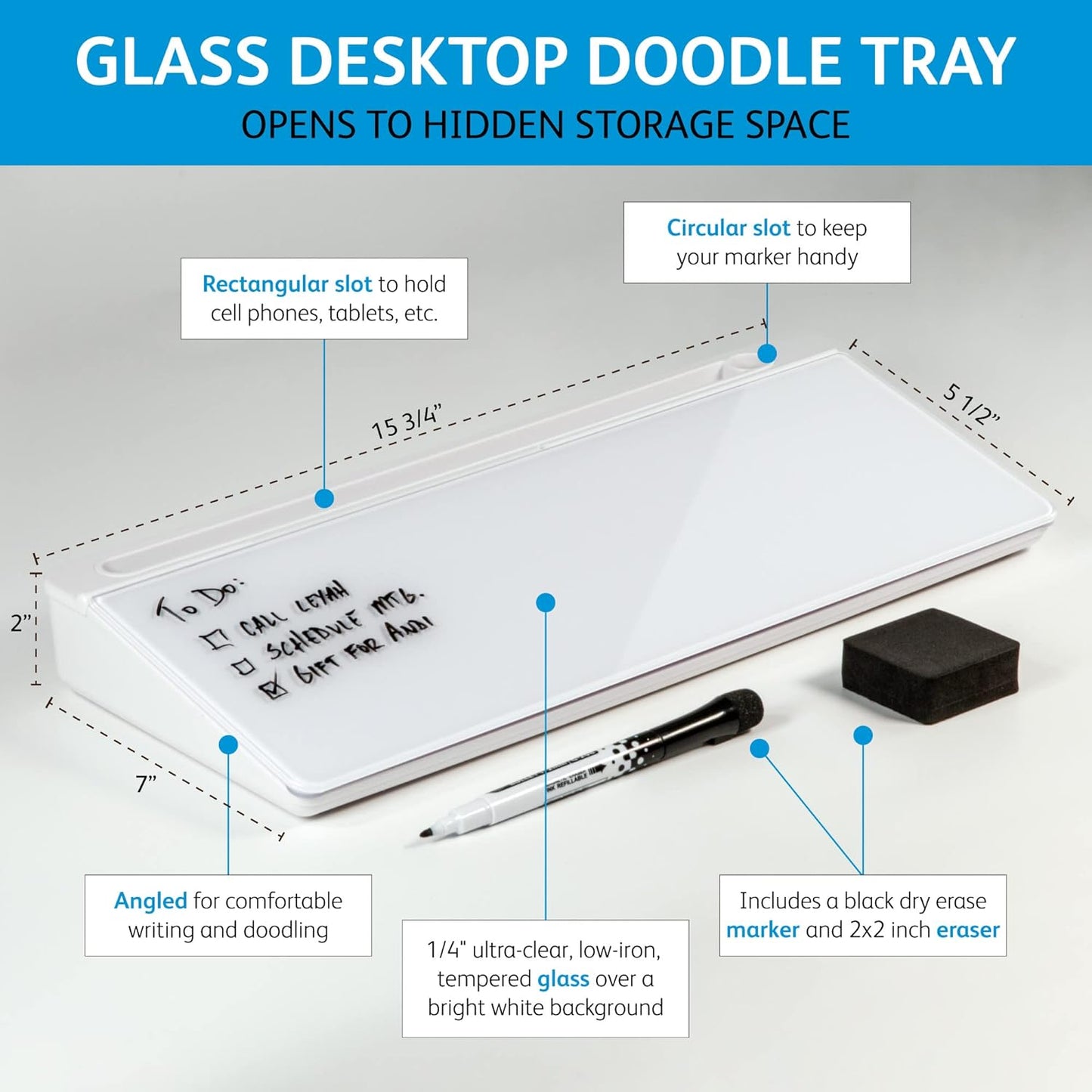 Glassboard Studio Glass Dry Erase Doodle Tray for Desktop Office Supply Storage - Marker and Eraser Included (8 Markers, White)