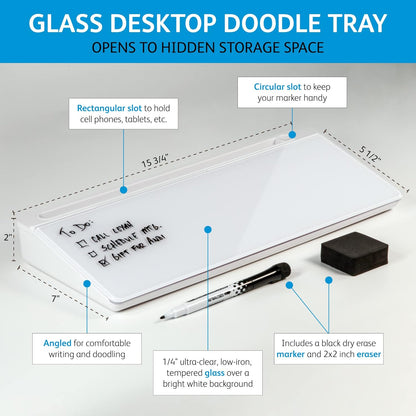 Glassboard Studio Glass Dry Erase Doodle Tray for Desktop Office Supply Storage - Marker and Eraser Included (8 Markers, White)