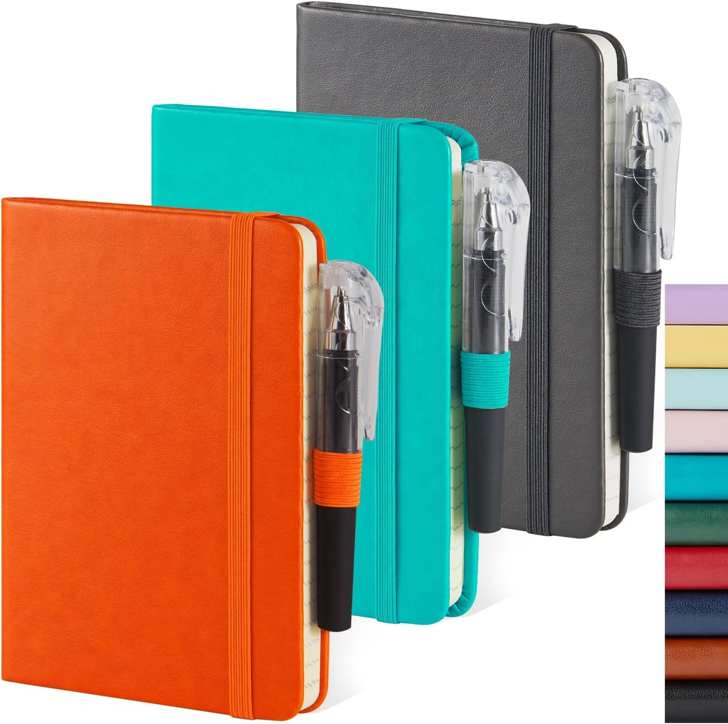 NIRMIRO 3 Pack Pocket Notebook Journals, Small Notepad Notebooks for Note Taking, A6 Mini Note pads with Pen Holder, 408 Lined Pages, 3.7" x 5.7", Black, Brown, Blue