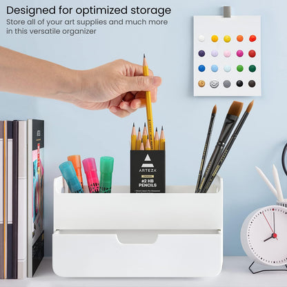 ARTEZA Desktop Pen and Marker Organizer, 6-Compartment White Pen Holder for Desk with Stationery Drawer, Makeup Organizer
