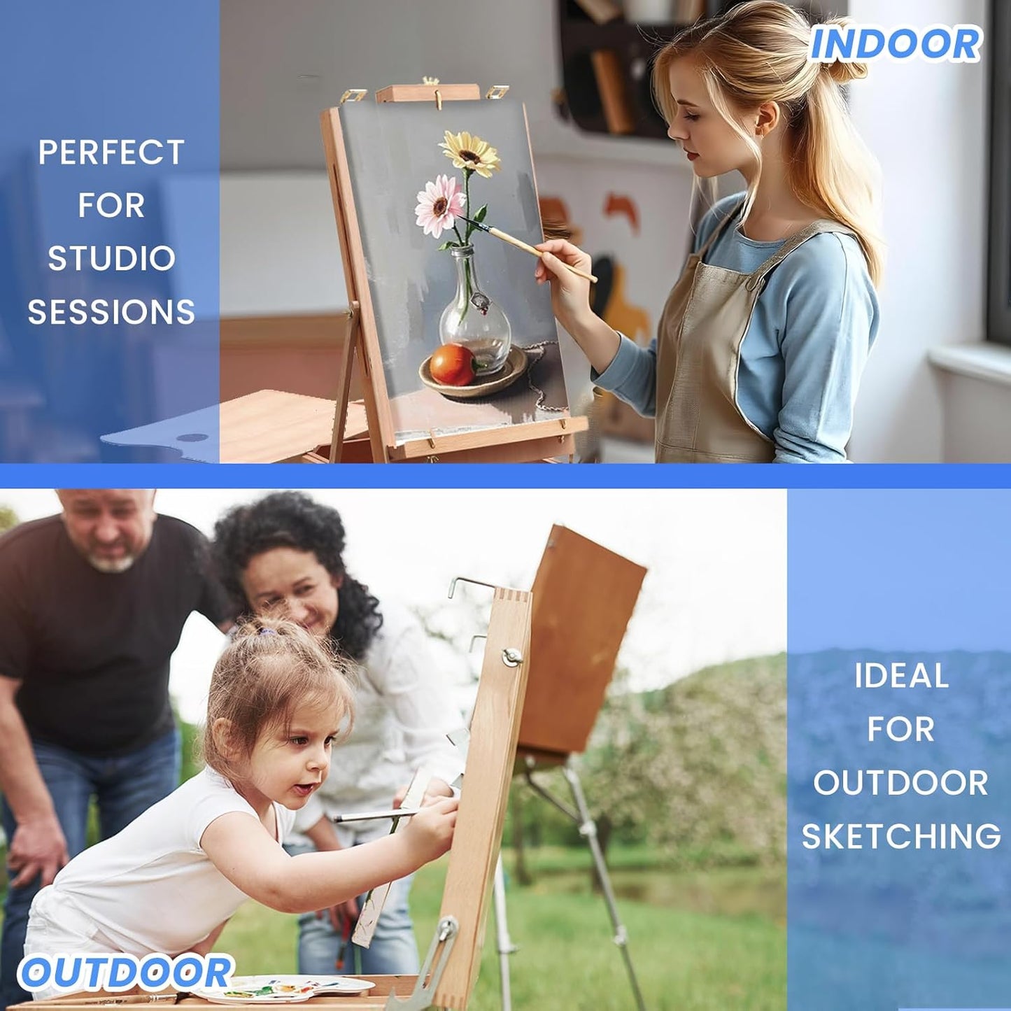 Falling in Art Light Weight French Style Field and Sketchebox Easel with Aluminum Tripod, Adjustable Beechwood Tripod Standing Easel with Drawer, Palette