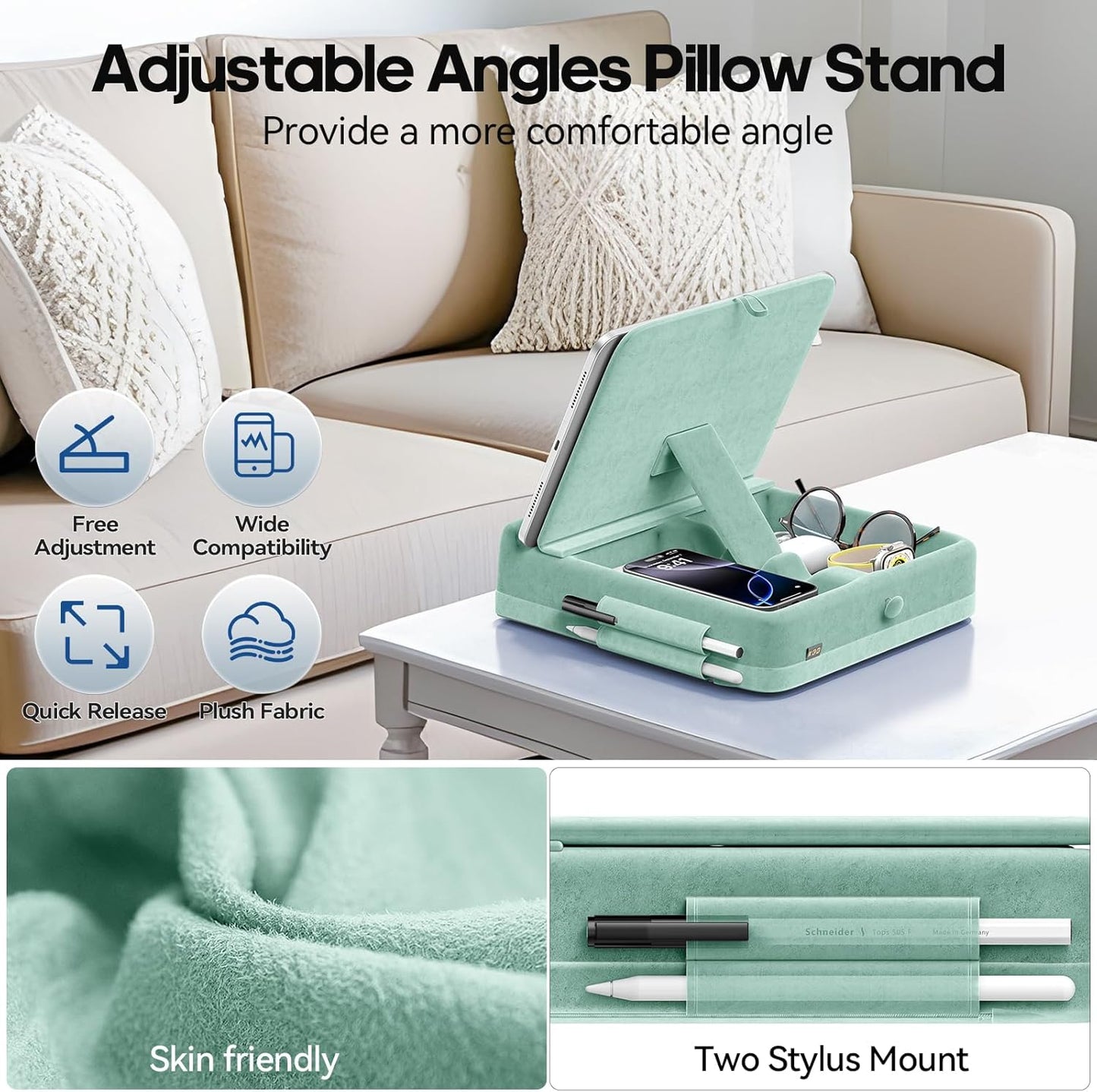 KDD Tablet Pillow Stand with Storage, Foldable iPad Holder for Bed, Lap and Desk, Angle Adjustable Soft Pad Dock with Stylus Mount Compatible with Ipad Pro 12.9, 10.5, 11, Air, Mini, Phones, Books