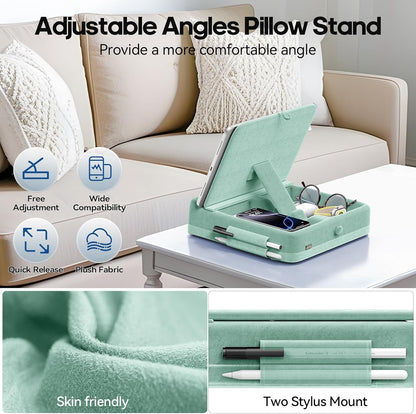 KDD Tablet Pillow Stand with Storage, Foldable iPad Holder for Bed, Lap and Desk, Angle Adjustable Soft Pad Dock with Stylus Mount Compatible with Ipad Pro 12.9, 10.5, 11, Air, Mini, Phones, Books