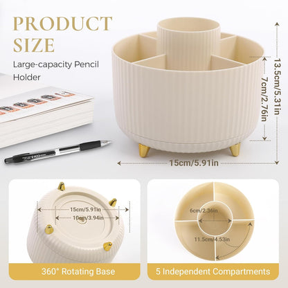 KONVINIT Pencil Pen Holder for Desk, 5 Slots 360 - Degree Rotating Desktop Organizer, Cute Desk Organizers and Accessories for School, Home, Office and Art Supply, Black