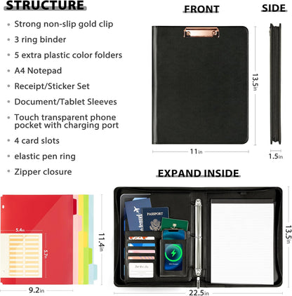 Ospelelf Zippered Padfolio Organizer, Faux Leather 3 Ring Binder with Clipboard, Letter Size Business Portfolio with Notepad, Tablet Sleeve & Phone Pockets for Office Work Brown