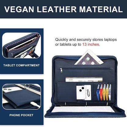 Leathario Portfolio Binder, Includes 10 Sheet Protectors and 3 Notepads, 3-Ring Folder Organizer, A4 Padfolio with Zipper, Vegan Leather Tablet Sleeve, Business Office Conference Clipboards