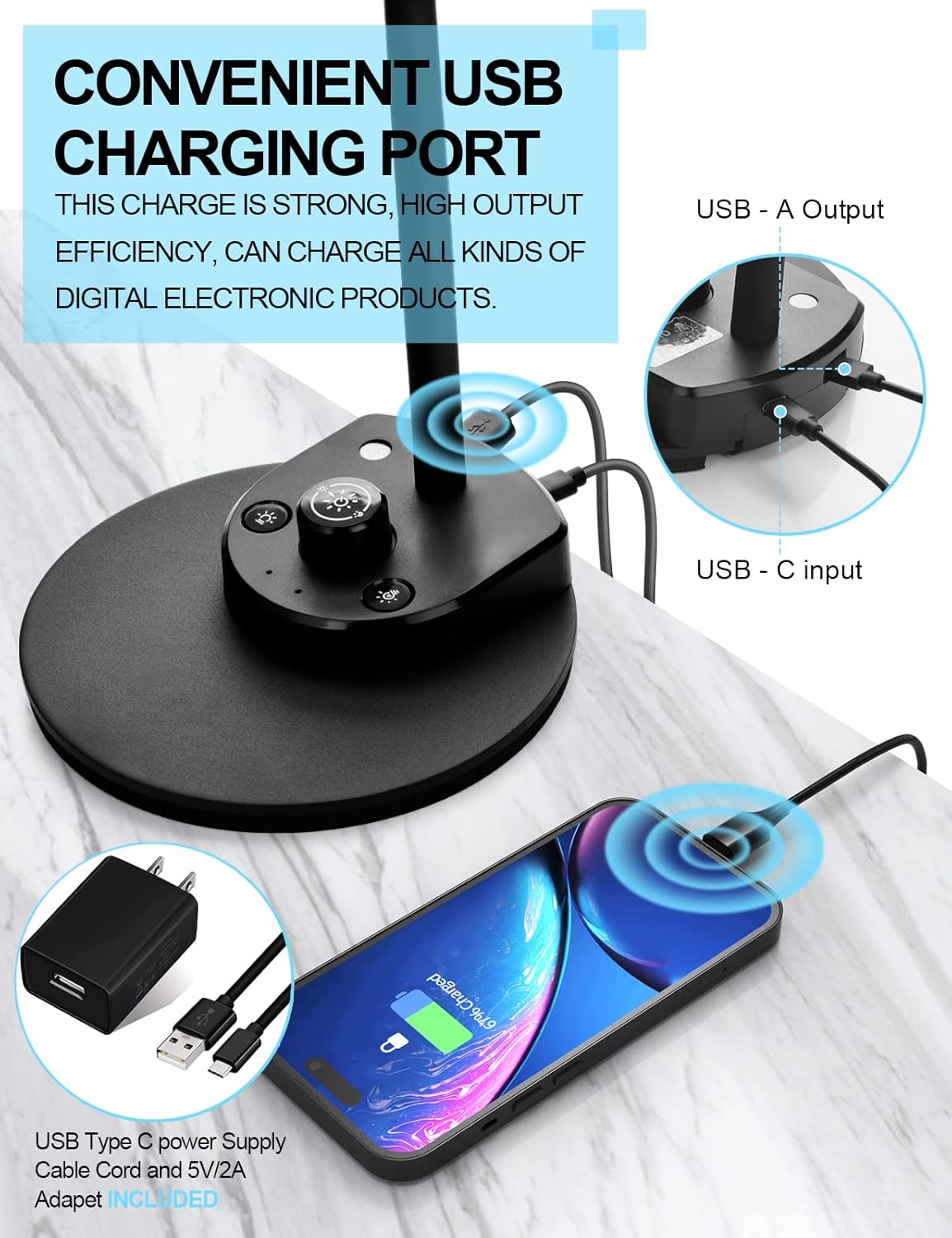 BOHON LED Desk Lamp with USB Charging Port, 3 Color Modes Dimmable Reading Lamp, Auto Dimming Task Lamp, Flexible Neck Table Light for Dorm Bedside, Adapter Include, White