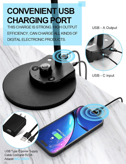 BOHON LED Desk Lamp with USB Charging Port, 3 Color Modes Dimmable Reading Lamp, Auto Dimming Task Lamp, Flexible Neck Table Light for Dorm Bedside, Adapter Include, White