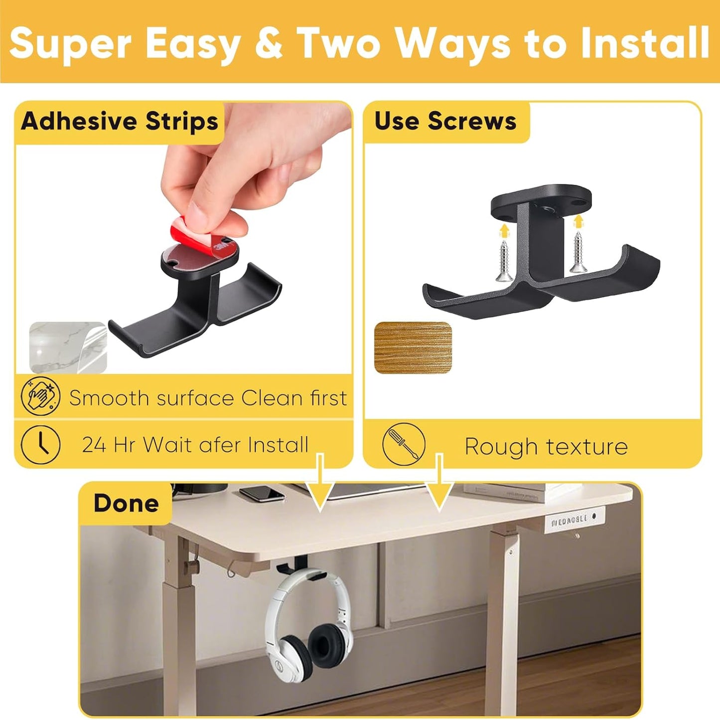 Under Desk Headphone Hanger with Strong Adhesive and Screws Mount, 360° Rotatable Dual Headset Holder Stand, Aluminum Metal Adjustable Headphone Hook, Perfect for Home Gaming & Office - Black