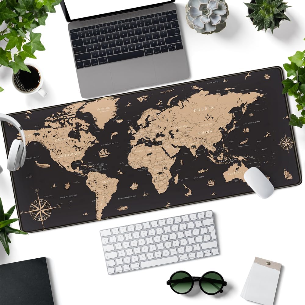World Map Desk Mat Historical World Map Desk Pad Extra Large Computer Mouse Pad XL Black Topographic Mousepad Keyboard Pad for Desk Gaming Computer Laptop Office Non-Slip Desk Pad 31.5x11.8 in