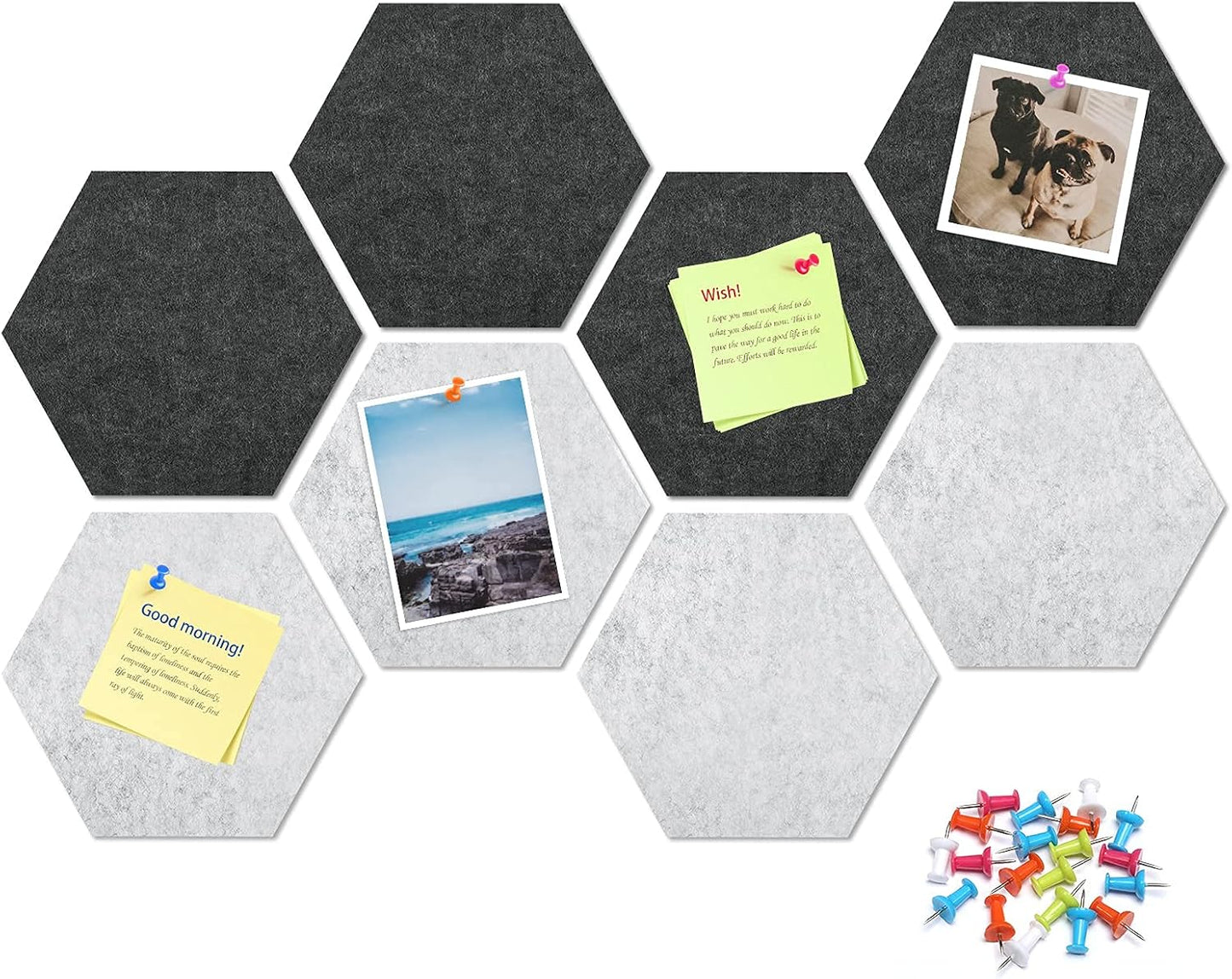 8 Pack Hexagon Felt Bulletin Board Tiles - 12" Large Thick Pin Board for Walls with 30 Push Pins, DIY Boards for Office Home School Decor, Aesthetic Hex Cork Board Alternative