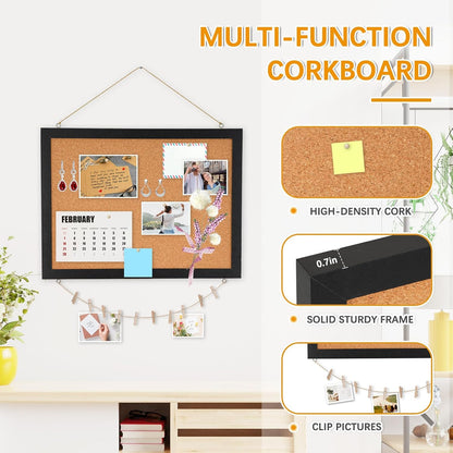DOLLAR BOSS Bulletin Boards with Linen 1-Pack 16''X 12'' Double-Sided Cork Board for Walls Wood Framed Bulletin Boards, Small Pin Board for Home Kitchen Office Decorative Hanging 10 Pushpins