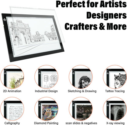 A4 LED Copy Board Tracing Light Box, Adjustable Brightness Artcraft LED Trace Light Pad, USB Power Light Table for Artists, Tattoo Drawing, Animation, Sketching, Stenciling & Diamond Art Painting