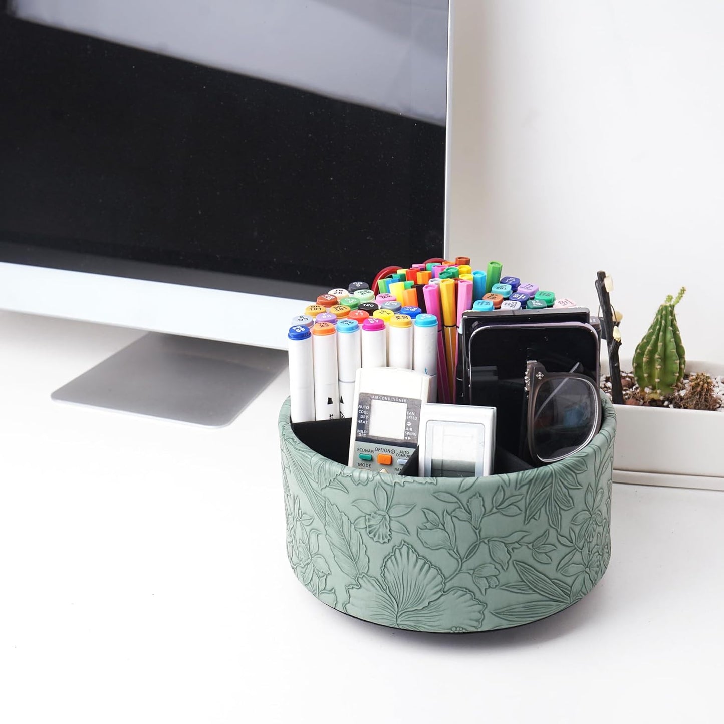 Round Leather Art Supply Organizer,Remote Control Holder,360 Degree Rotating,Multi-Functional Pencil Holder,4 Compartments Desktop Stationary Organizer(1-Fractal Flower) | Round - Colors B