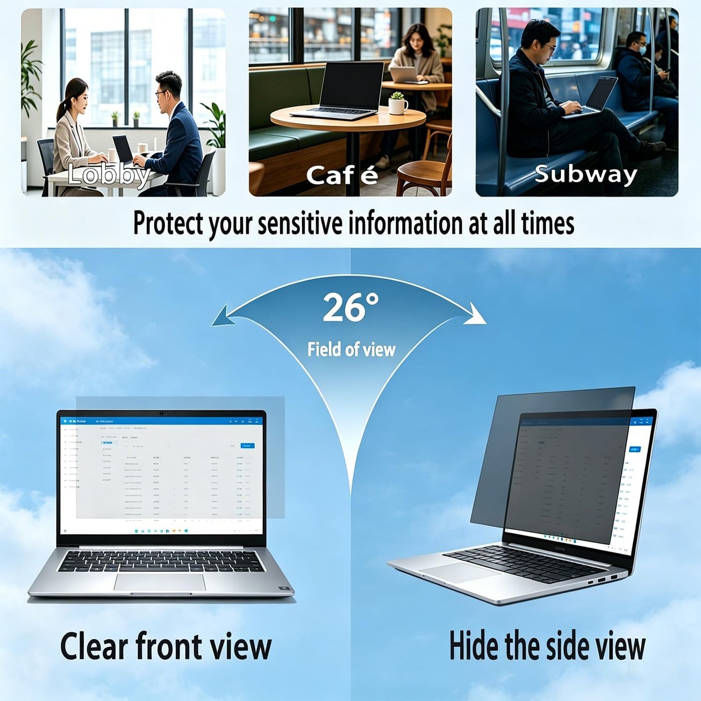 Laptop Privacy Screen 16.1 inch 16:9, 26° Anti Peeping Removable Anti Glare Blue Light Filter Compatible with All 16.1” 16:9 Laptops Portable Monitors