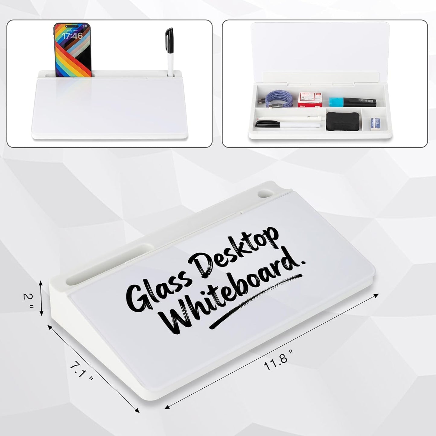 Glass Desktop Whiteboard 15.8×7”, Dry Erase Note Memo Board, Desk Organizer with Storage for Office, Home, Study, Black