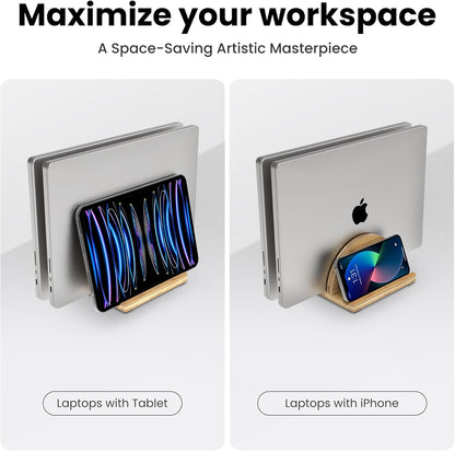 Kothar Premium Wood Vertical Laptop Stand - Adjustable Dual Slot Bamboo Holder for MacBook, Dell, HP, and More | Space-Saving Desktop Organizer | Eco-Friendly, Sleek & Durable Design