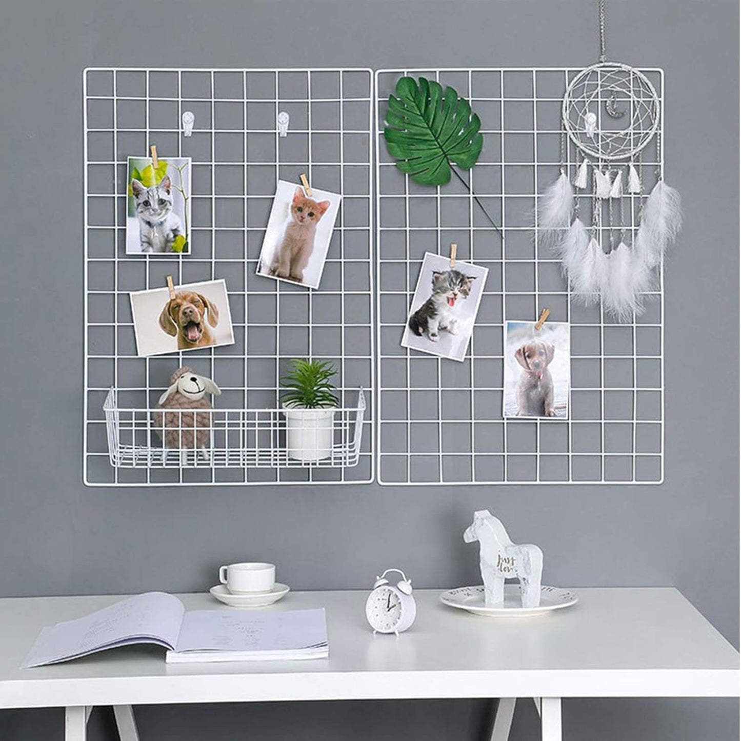 Wall Grid Silver Wire Photo Grid Panels Desk Wall Organizer Metal Memo Board, 25.6" x17.7, 2 Pack