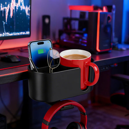MYITYARD Desk Cup Holder Clamp, Anti-Spill Clip On Table Cup Holder, Rotatable Water Bottle Stand Drink Coffee Mug Storage, Office Accessories for Home and School (Black)