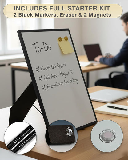 Magnetic Dry Erase Board 12x16 with Foldable Stand, Portable Gold Desktop Whiteboard for Home, Office, School & Kitchen, Includes Weekly & Monthly Magnetic Planner Sheets