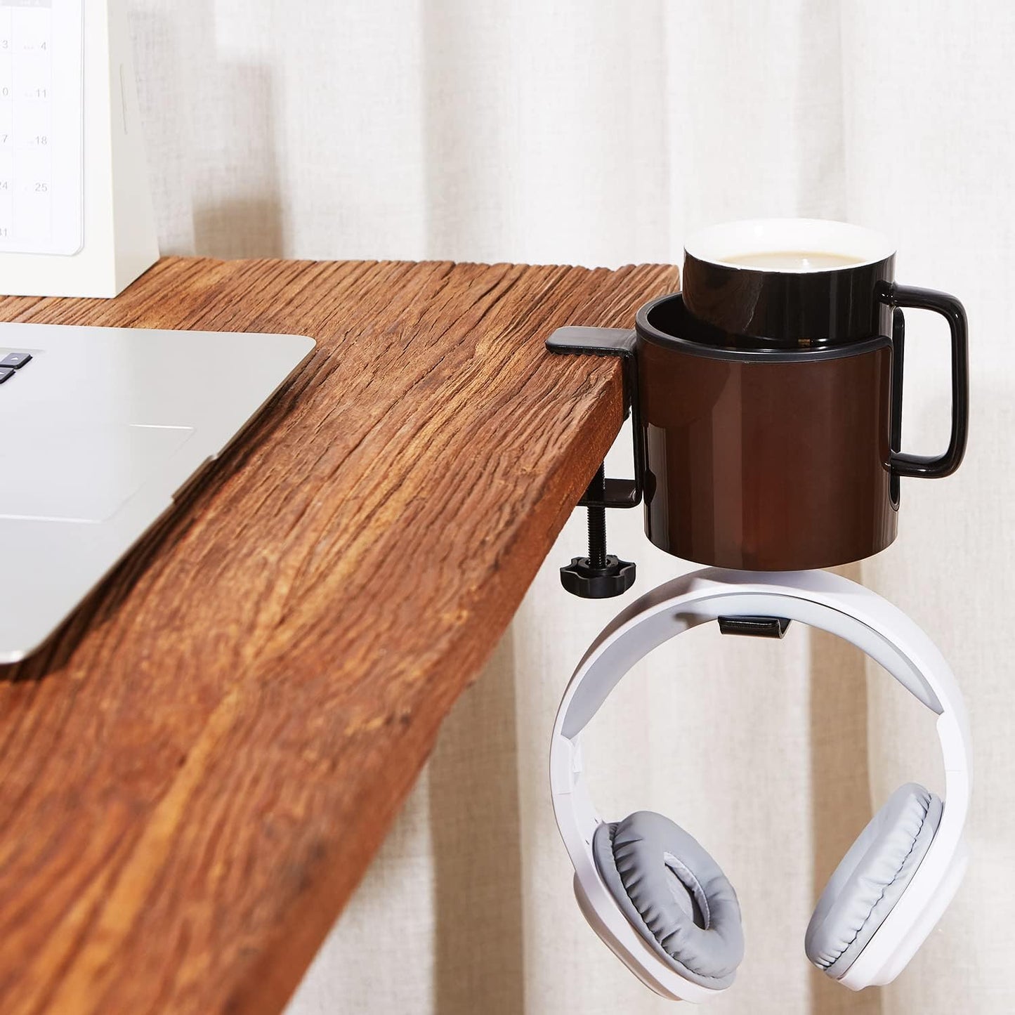 GUNKING Luxury 2-in-1 Anti-Spill Cup Holder with Under Desk Headphone Hanger (White)