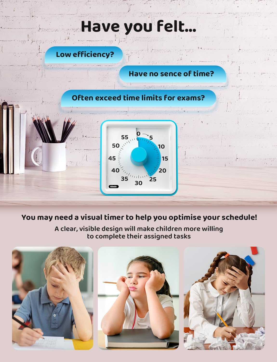 LIORQUE Visual Timer for Kids, 60-Minute Countdown Timers for Classroom Office Kitchen with Silent Operation, Kids Timer for Teaching (Batteries Included)