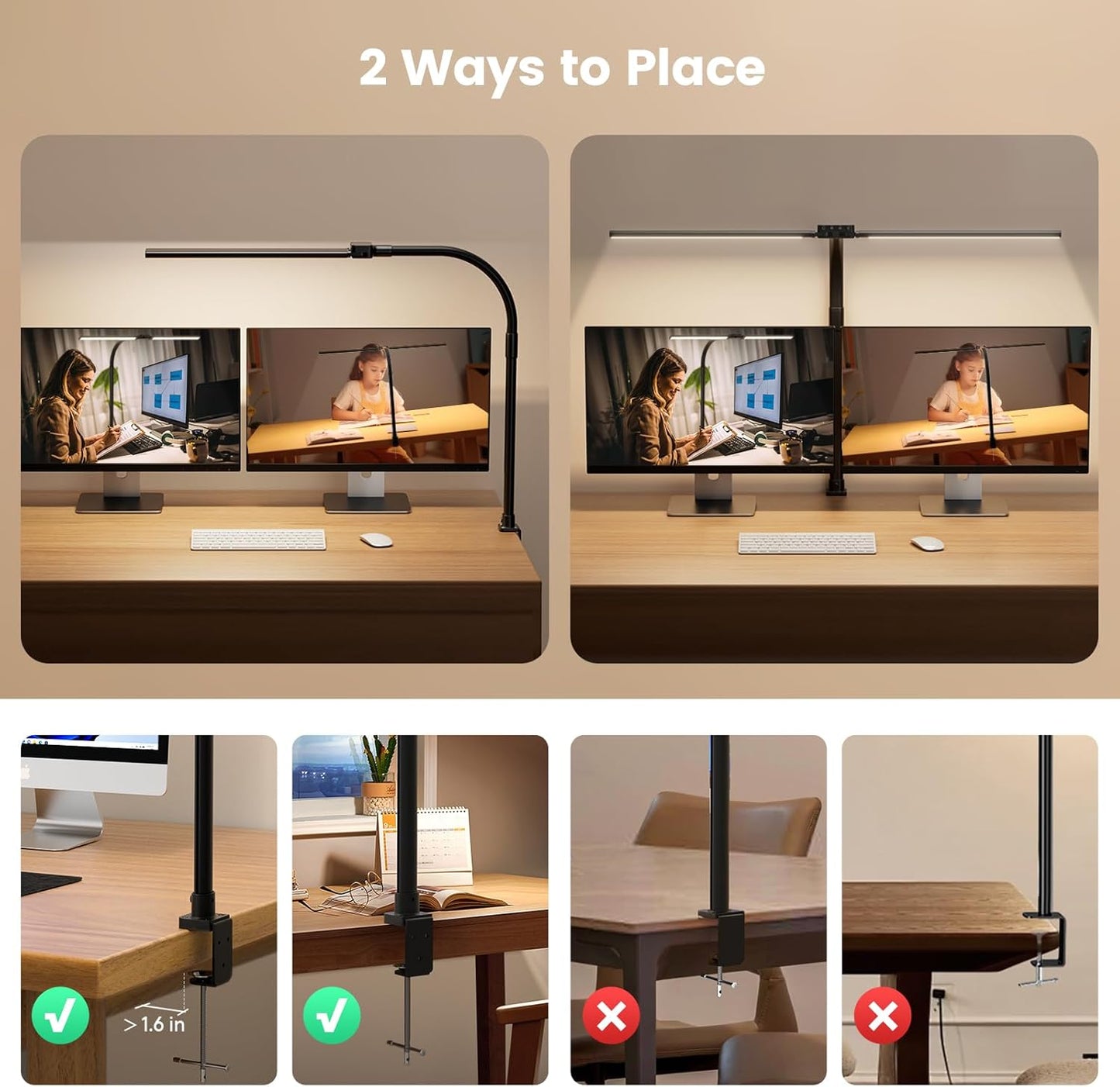SIBRILLE LED Desk Lamp for Home Office - Dimmable Computer Desk Light with Clamp, Modern Architect Task Lamp with Color Changing, Flexible Desktop Lamp with Gooseneck for Monitor, Double Head, White