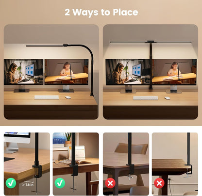 SIBRILLE LED Desk Lamp for Home Office - Dimmable Computer Desk Light with Clamp, Modern Architect Task Lamp with Color Changing, Flexible Desktop Lamp with Gooseneck for Monitor, Double Head, White