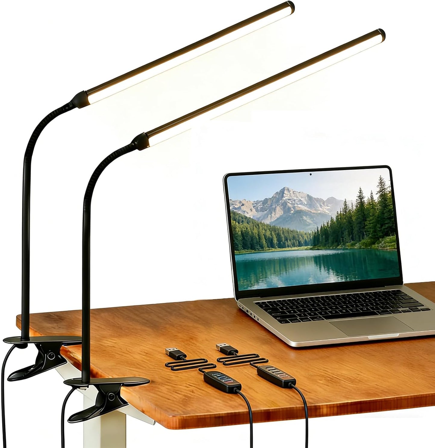 2 Pack Clip On LED Desk Lamp, 3 Lighting Modes 10 Brightness Levels, Flexible Goose Neck Swing Arm Task Lamp, Eye Caring USB Powered Clamp Light for Home Office Study Reading Bedside