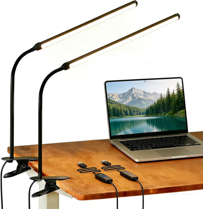 2 Pack Clip On LED Desk Lamp, 3 Lighting Modes 10 Brightness Levels, Flexible Goose Neck Swing Arm Task Lamp, Eye Caring USB Powered Clamp Light for Home Office Study Reading Bedside