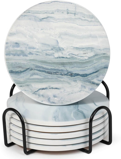 Acejoz Drink Coasters with Holder for Coffee Table, Absorbent Coaster Set of 6, Marble Style Ceramic Coaster for Wooden Table, Suitable for Kinds of Cups, Home Decor, 4 Inches