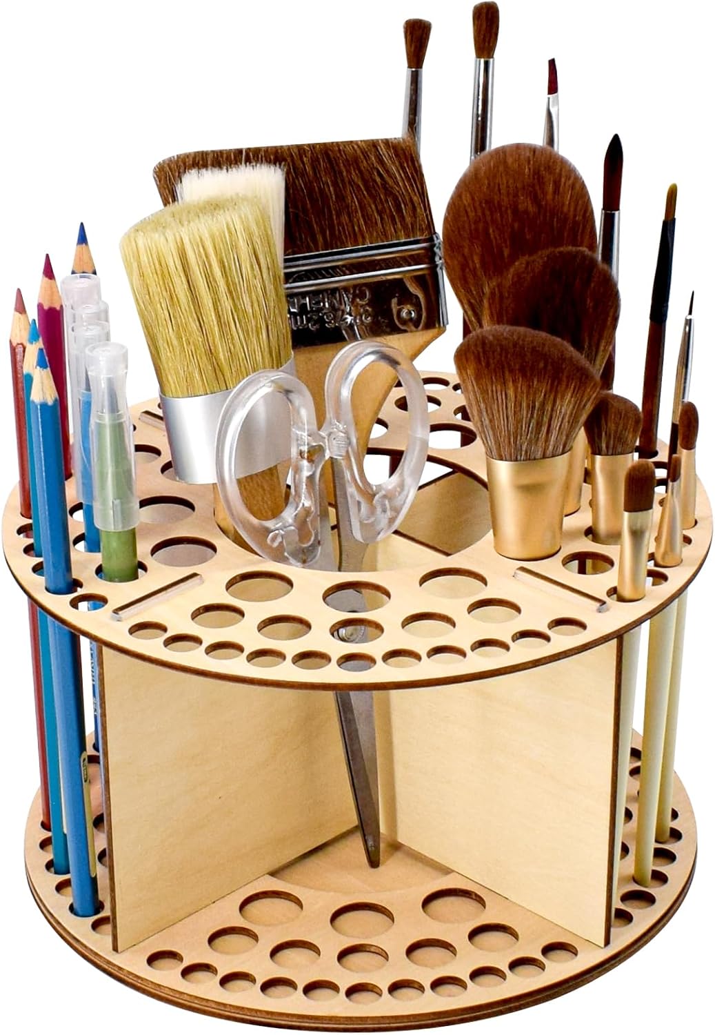 Wooden Paint Brush Holder 76 Holes and 4 Compartments Round Paintbrush Holder Organizer with Silicone Rings Wood Artist Paint Brush Stand Rack for Pens Pencils Art Tools