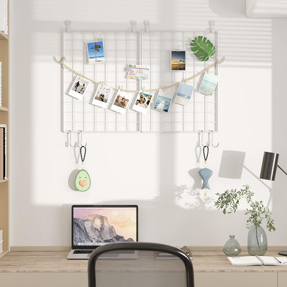 C&AHOME Photo Wall Display Set of 2, Grid Panel with Hooks, Clips, Hemp Cord, Hammer - 15.7" x 11.8", White UWWGM3402W