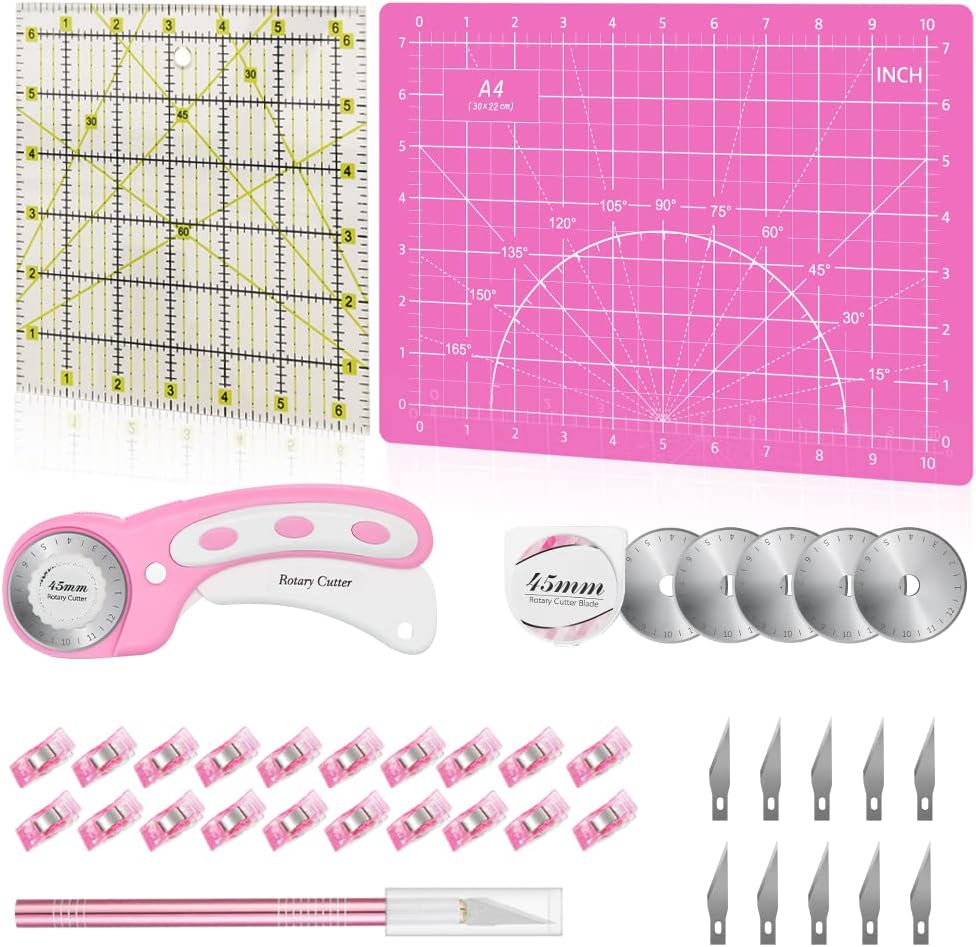 Headley Tools Rotary Cutter Set - 45mm Fabric Cutter, 5 Extra Rotary Blades, A3 Cutting Mat, Quilting Ruler and Sewing Clips, Craft Knife Set, Ideal for Crafting, Sewing, Patchworking, Purple