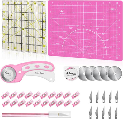 Headley Tools Rotary Cutter Set - 45mm Fabric Cutter, 5 Extra Rotary Blades, A3 Cutting Mat, Quilting Ruler and Sewing Clips, Craft Knife Set, Ideal for Crafting, Sewing, Patchworking, Purple