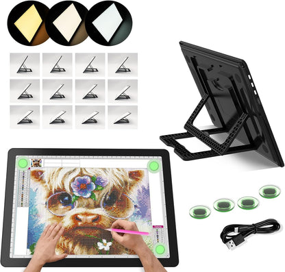YINGWOND Rechargeable A4 Light Pad with Stand,7100LUX Magnetic Diamond Art Light Board,3 Light Colors,Adjustable Brightness,Portable Wireless Light Box for Tracing,Drawing,Sketching