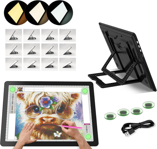 YINGWOND Rechargeable A4 Light Pad with Stand,7100LUX Magnetic Diamond Art Light Board,3 Light Colors,Adjustable Brightness,Portable Wireless Light Box for Tracing,Drawing,Sketching