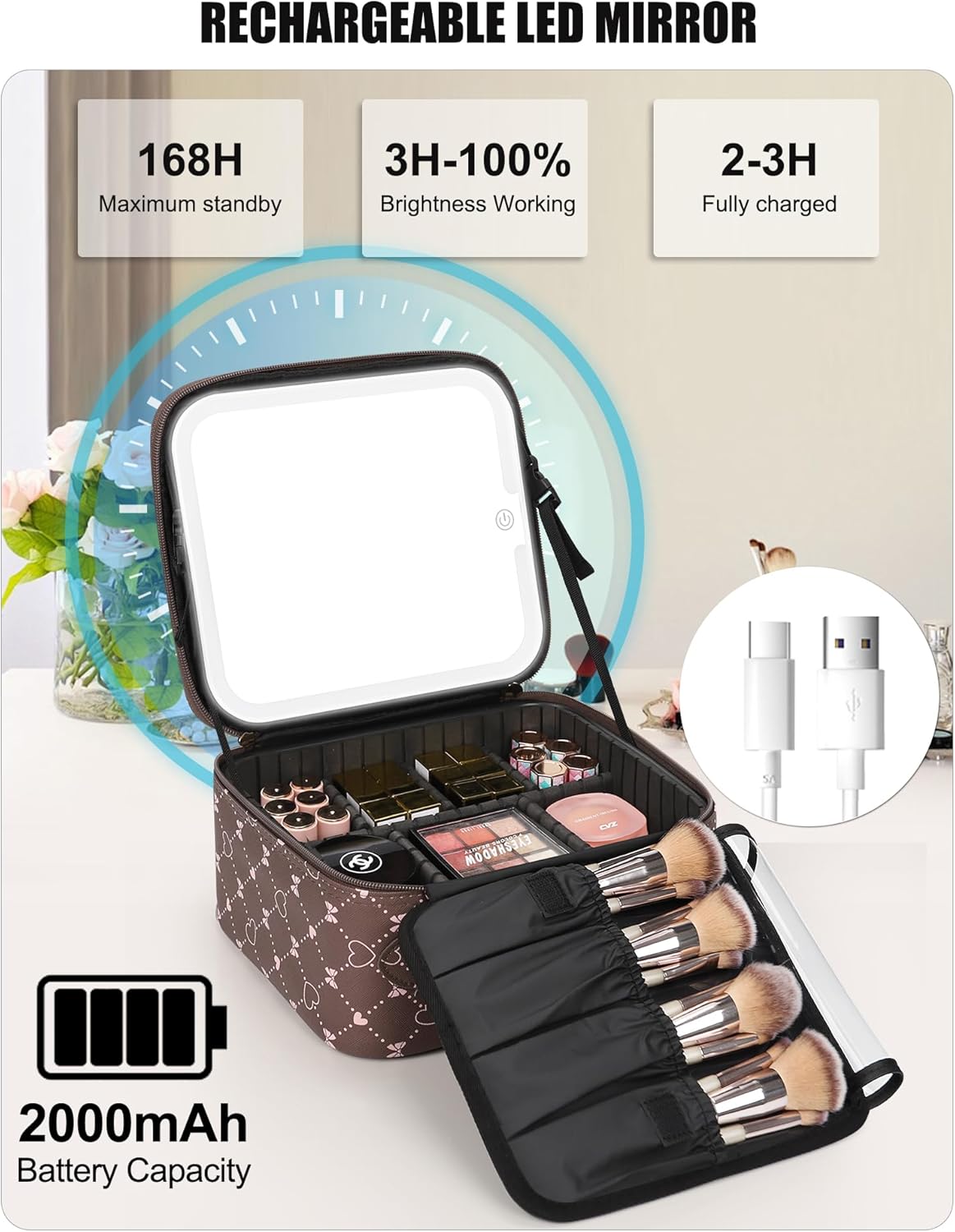 Relavel Travel Makeup Bag With LED Mirror, Cosmetic Train Case with Light up Mirror, Portable Makeup Artist Organizer Bag with Adjustable Dividers, Makeup Brush Holder Storage, Black