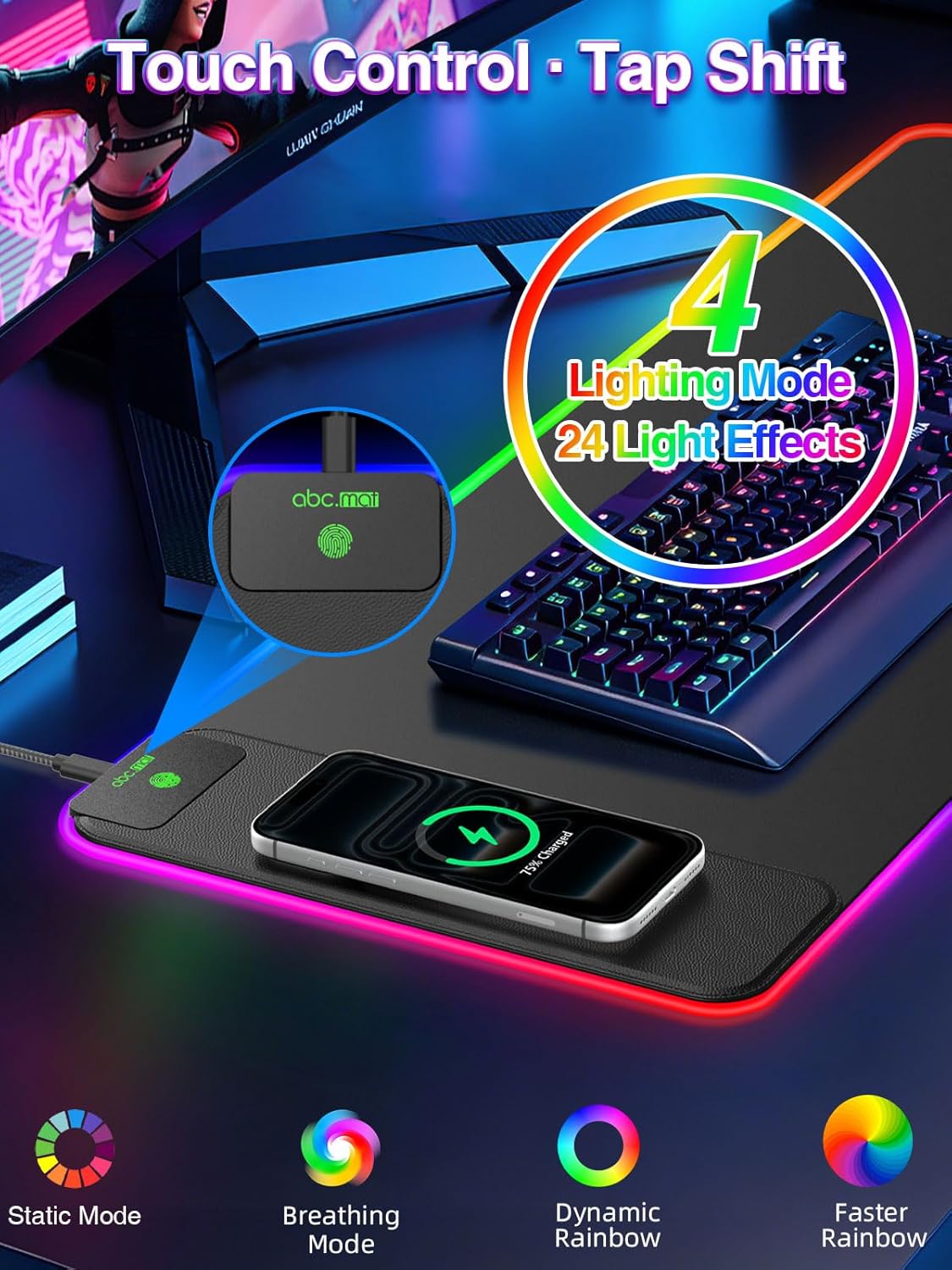 Wireless Charging Mouse Pad with Foldable Phone Holder, 31.5"x15.8" Large Desk Mat for Laptop/Keyboard, Waterproof Ultra-Smooth Surface, Non-Slip Base, Black