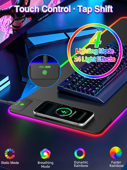 Wireless Charging Mouse Pad with Foldable Phone Holder, 31.5"x15.8" Large Desk Mat for Laptop/Keyboard, Waterproof Ultra-Smooth Surface, Non-Slip Base, Black