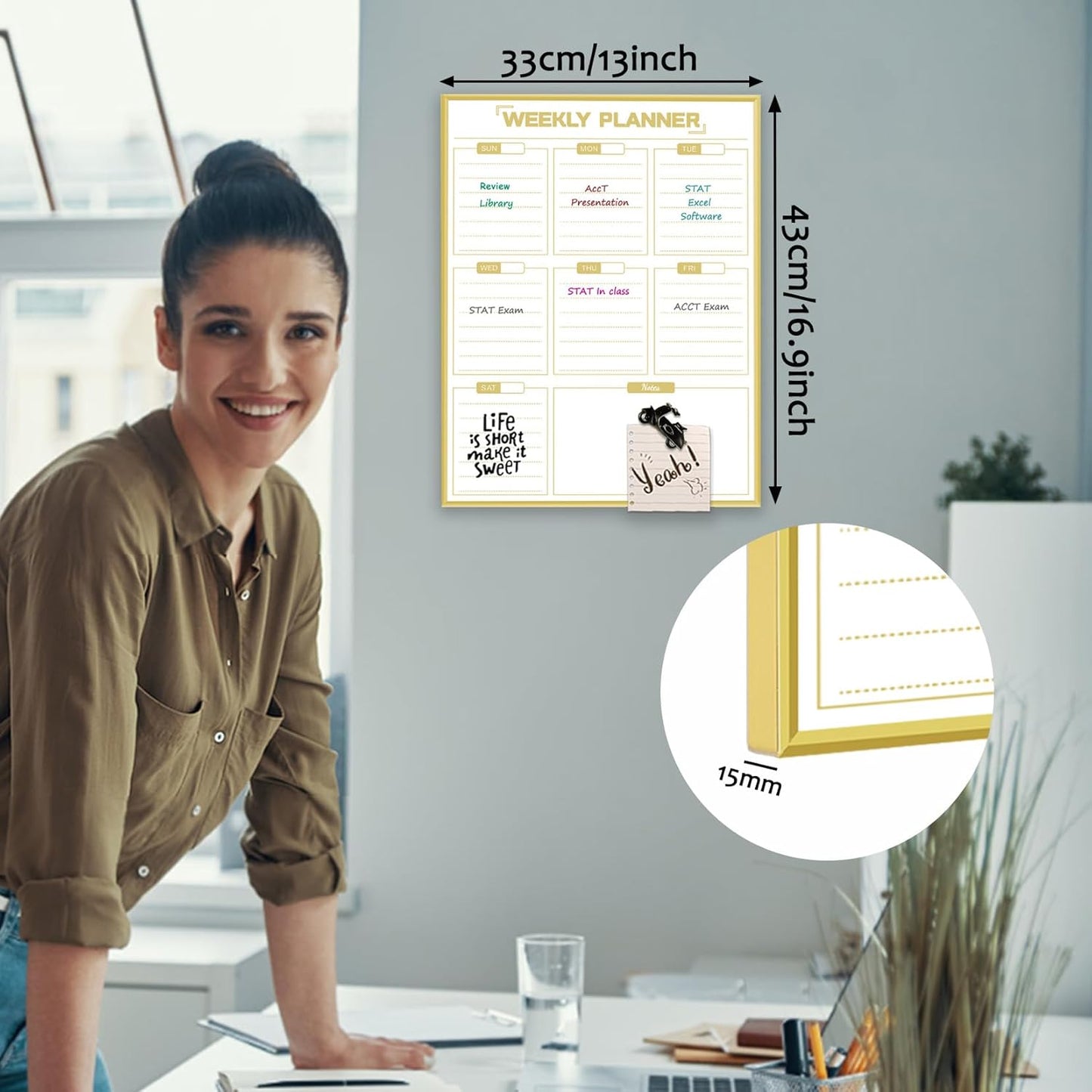 Dry Erase White Board Weekly Calendar Board, Magnetic Whiteboard for Wall,Gold Aluminum Frame Message Board,Vertical, Planner Board for Office, Home, School