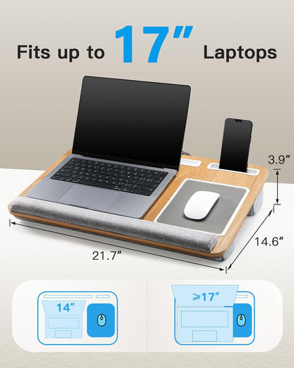 HUANUO Lap Desk - Fits up to 17 inches Laptop Desk, Built in Mouse Pad & Wrist Pad for Notebook, Laptop, Tablet, Lap Stand with Tablet, Pen & Phone Holder, Wood Grain
