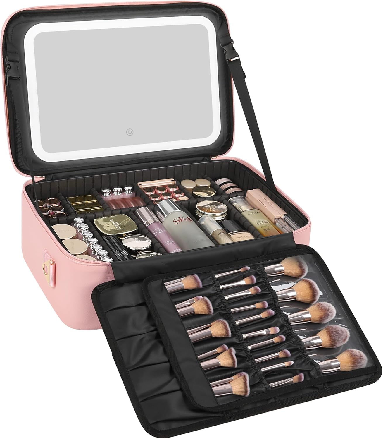 Relavel Travel Makeup Bag With LED Mirror, Cosmetic Train Case with Light up Mirror, Portable Makeup Artist Organizer Bag with Adjustable Dividers, Makeup Brush Holder Storage, Black